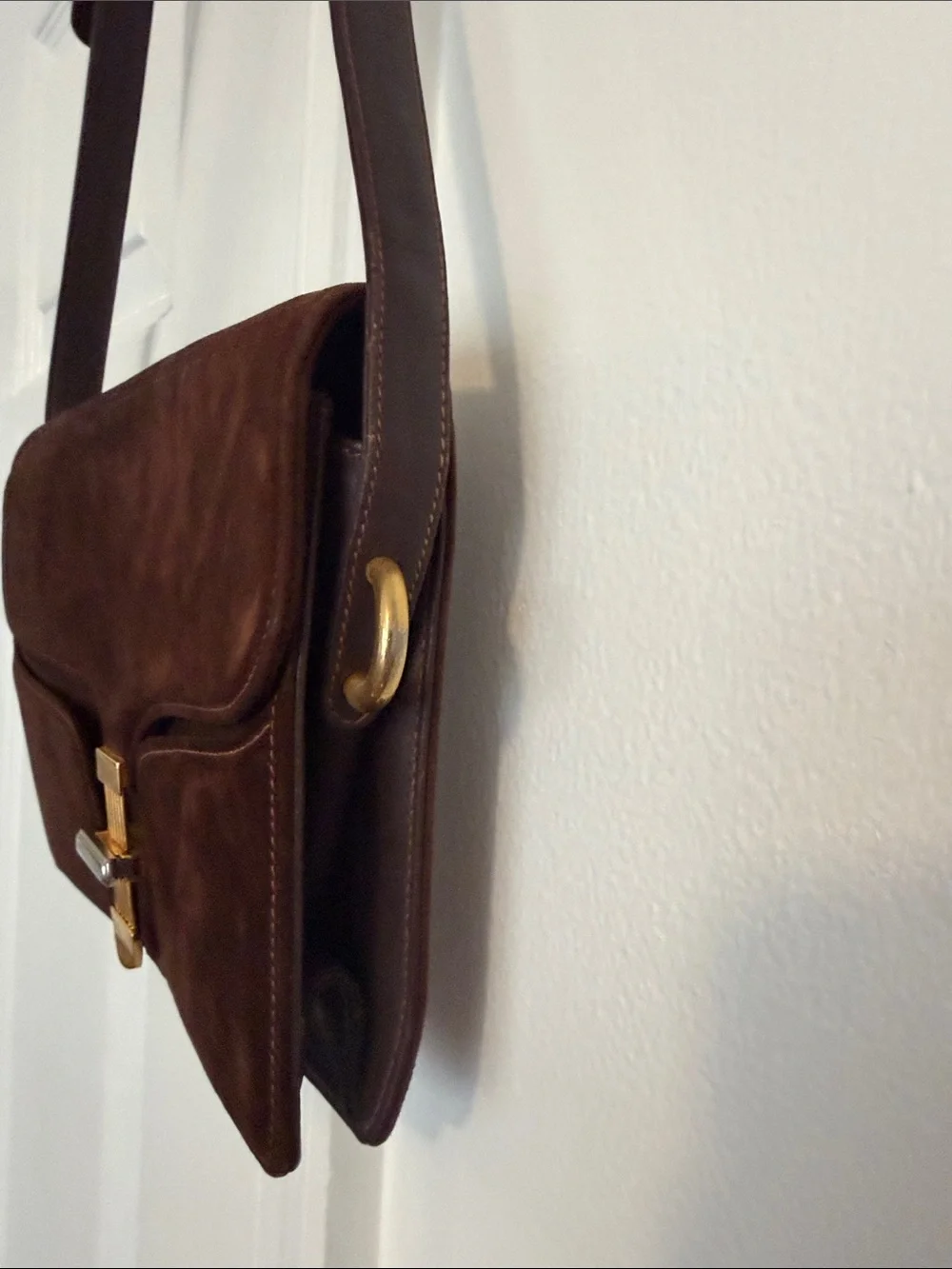 Gucci Dark Brown Suede Messenger Bag with Gold Hardware